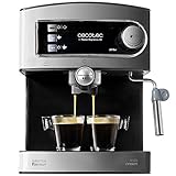 Cecotec Cafetera Express Manual Power Espresso 20. 850 W, Presión 20 Bares, Depósito de 1,6L, Brazo Doble Salida, Vaporizador, Superficie Calientatazas, Acabados en Acero Inoxidable